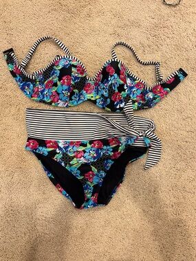 Panache Black White Striped Bikini with Turquoise Accents